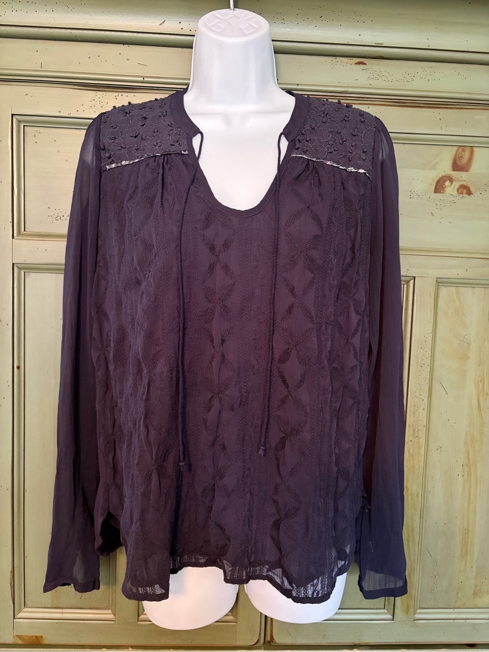 Women's Long-Sleeve Peasant Blouse with Embroidered Yoke